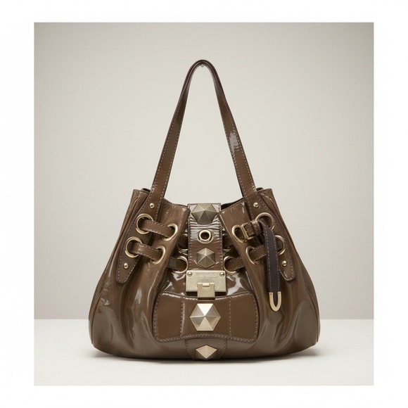 Jimmy Choo Handbags - Jimmy Choo Ramona Shoulder Bag Taupe/Brown Patent Leather Made in Italy